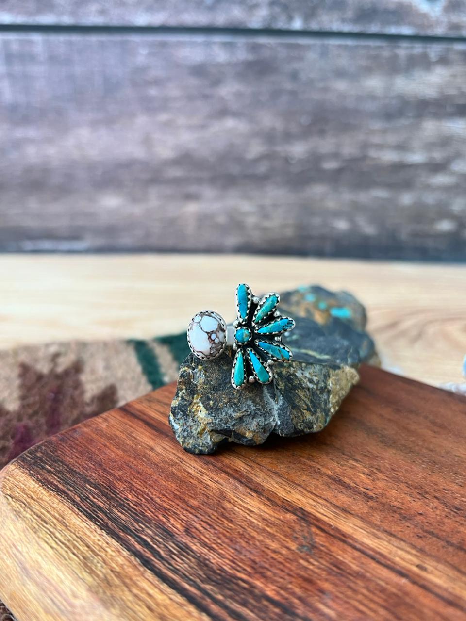 Handmade Sterling Silver Kingman Turquoise with Wildhorse Magnesite Adjustable Ring "Signed Nizhoni"
