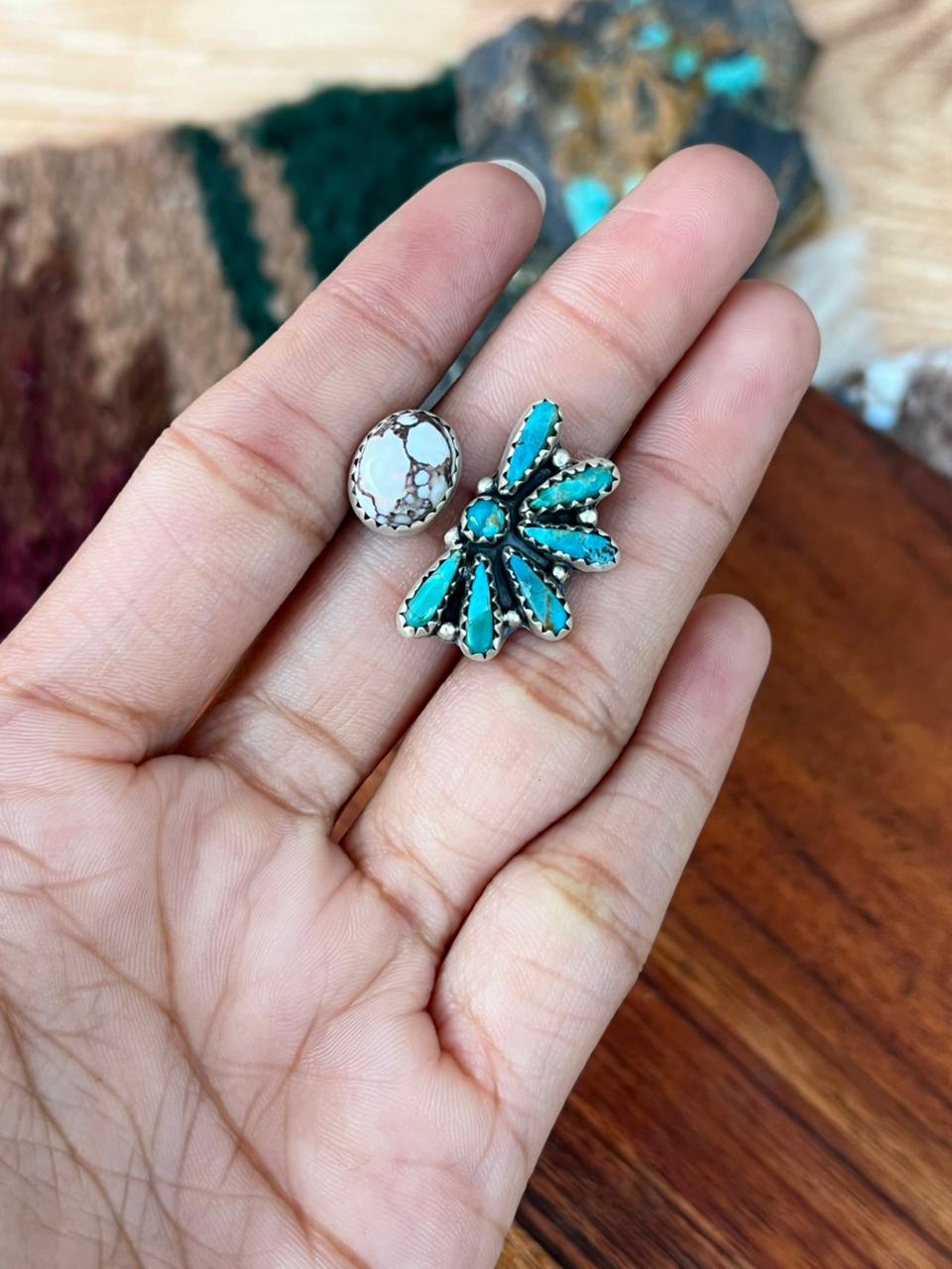 Handmade Sterling Silver Kingman Turquoise with Wildhorse Magnesite Adjustable Ring "Signed Nizhoni"