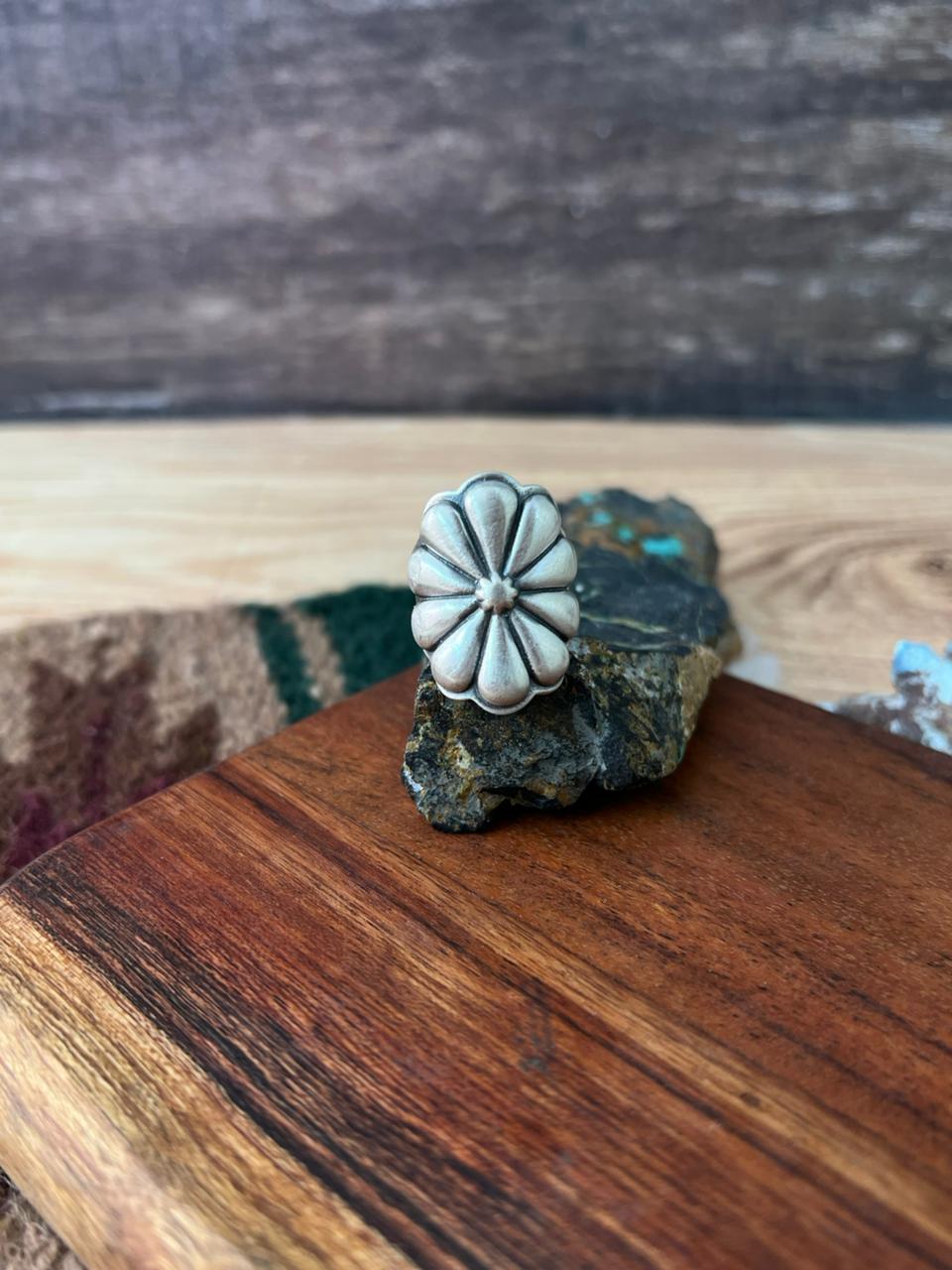 Handmade Sterling Silver Adjustable Flower Concho Ring "Signed Nizhoni"