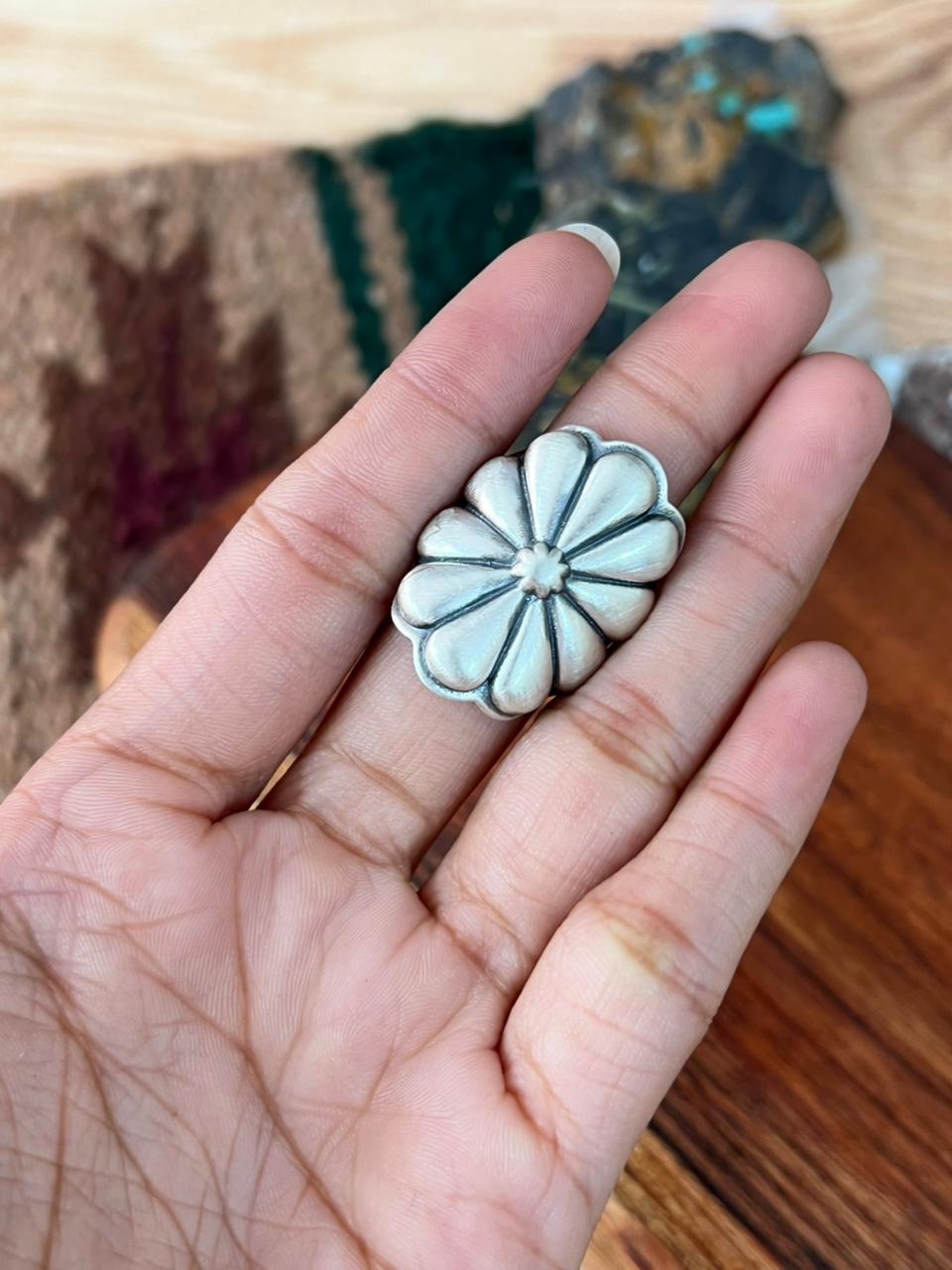 Handmade Sterling Silver Adjustable Flower Concho Ring "Signed Nizhoni"