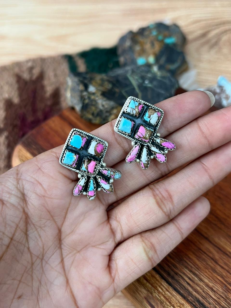 Handmade Sterling Silver Cotton Candy Post Studs Earrings "Signed Nizhoni"