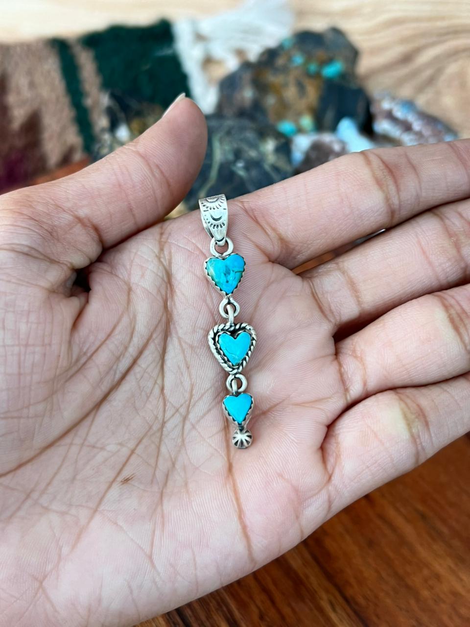 Handmade Sterling Silver Kingman Turquoise Heart Pendant "Signed Nizhoni"