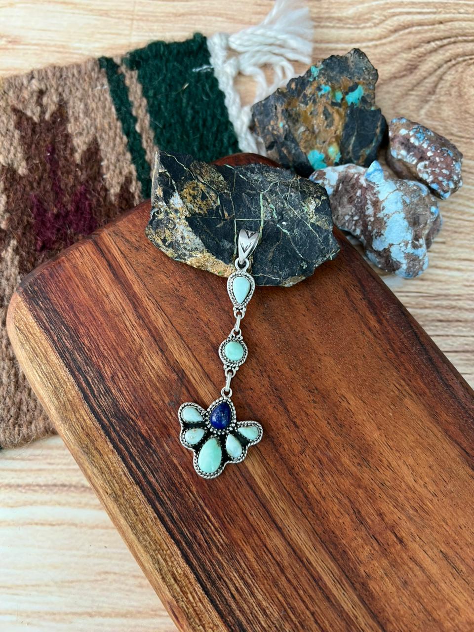 Handmade Sterling Silver Paloma Turquoise with Lapis Pendant "Signed Nizhoni"