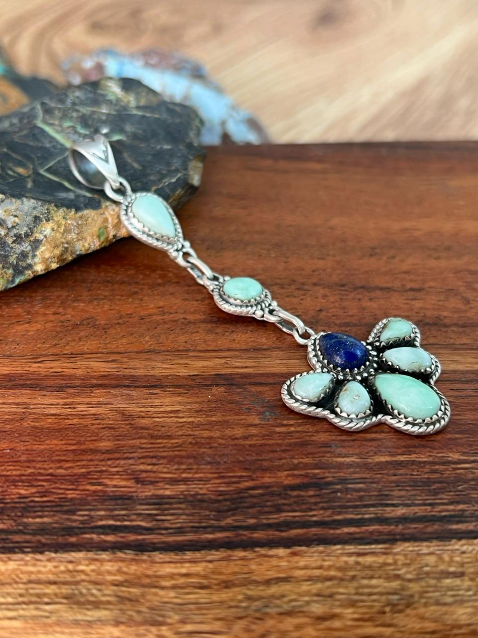 Handmade Sterling Silver Paloma Turquoise with Lapis Pendant "Signed Nizhoni"
