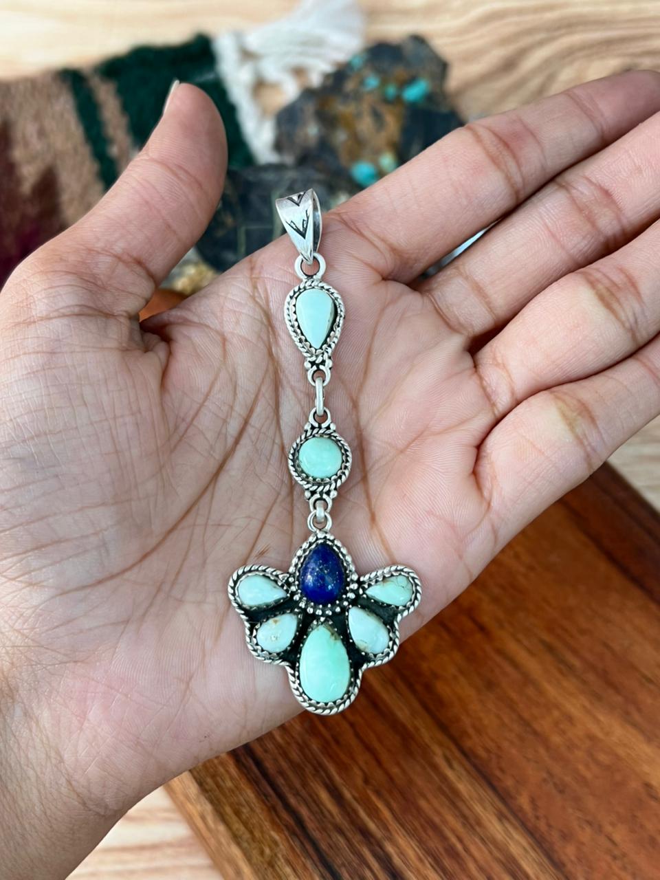Handmade Sterling Silver Paloma Turquoise with Lapis Pendant "Signed Nizhoni"