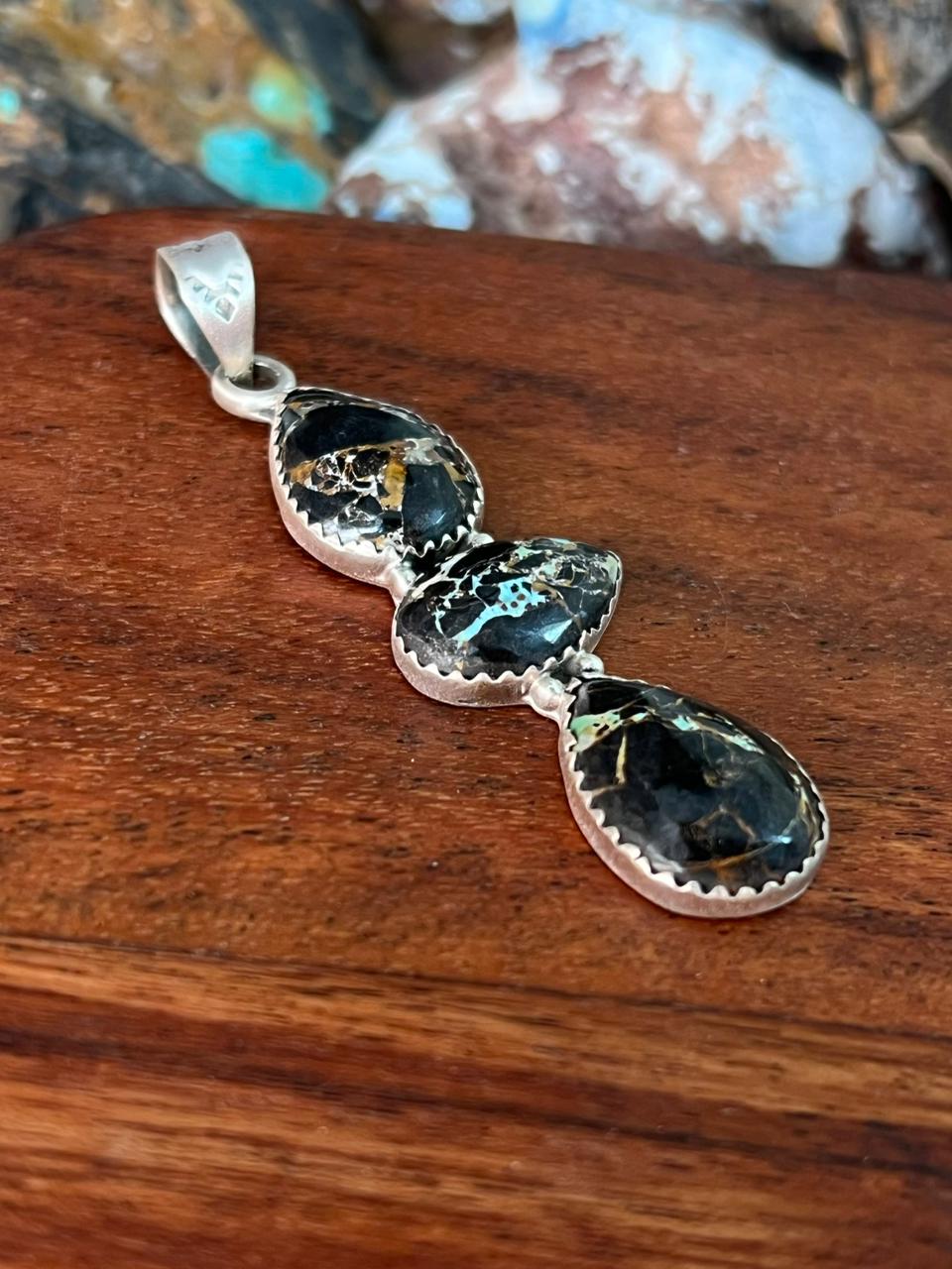 Handmade Sterling Silver Blackjack Turquoise Pendant "Signed Nizhoni"