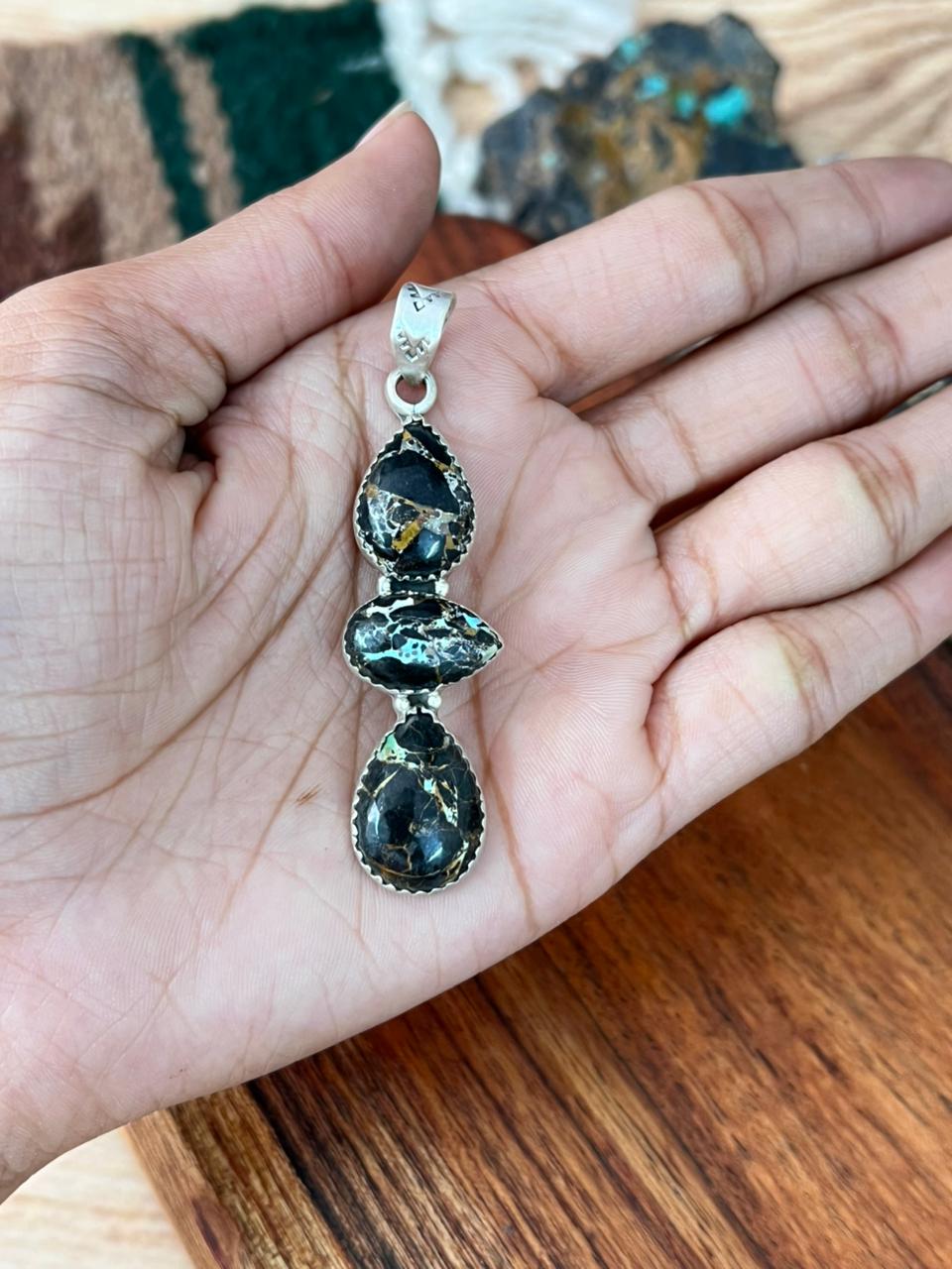Handmade Sterling Silver Blackjack Turquoise Pendant "Signed Nizhoni"