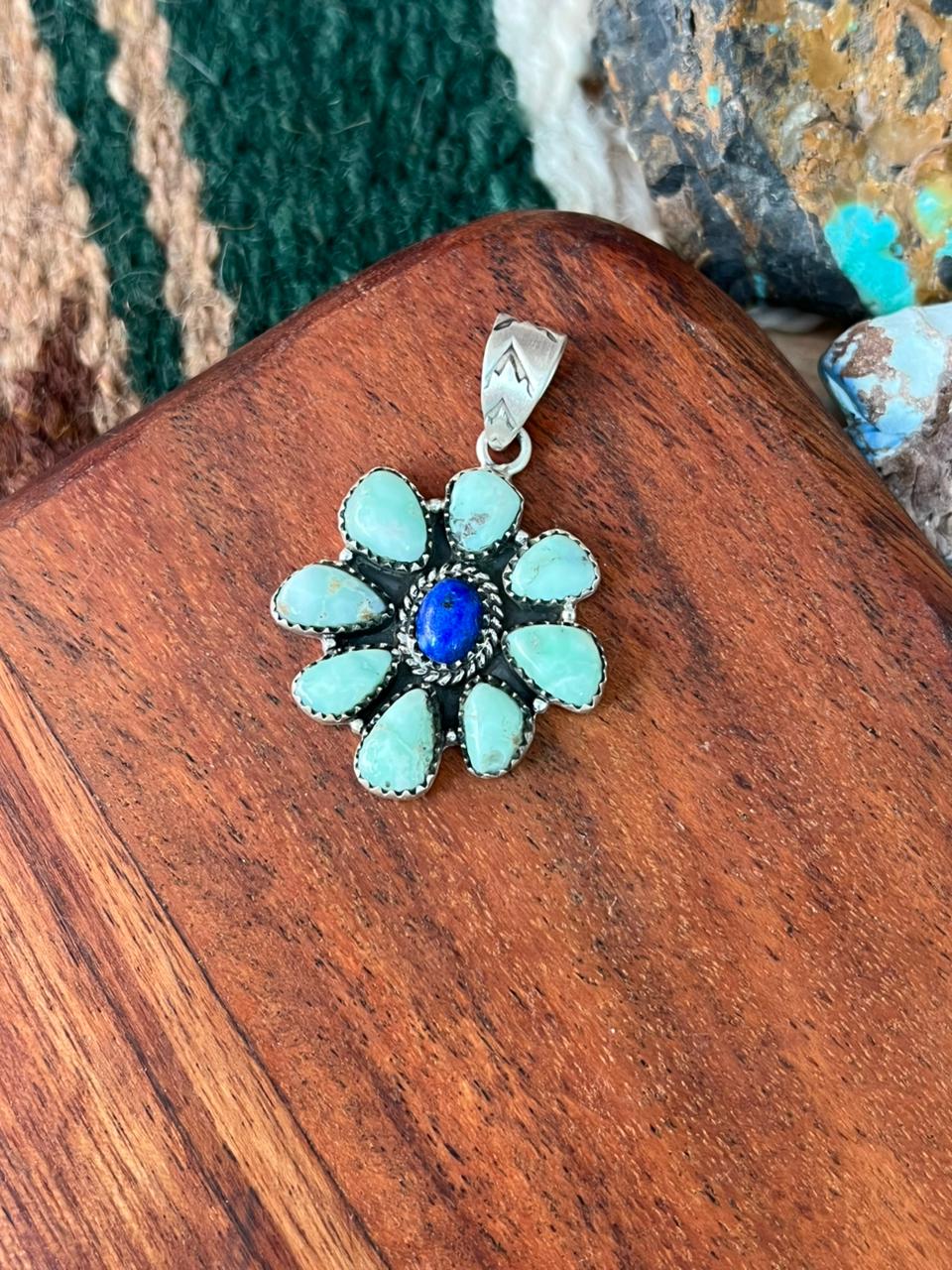 Handmade Sterling Silver Paloma Turquoise with Lapis Pendant "Signed Nizhoni"