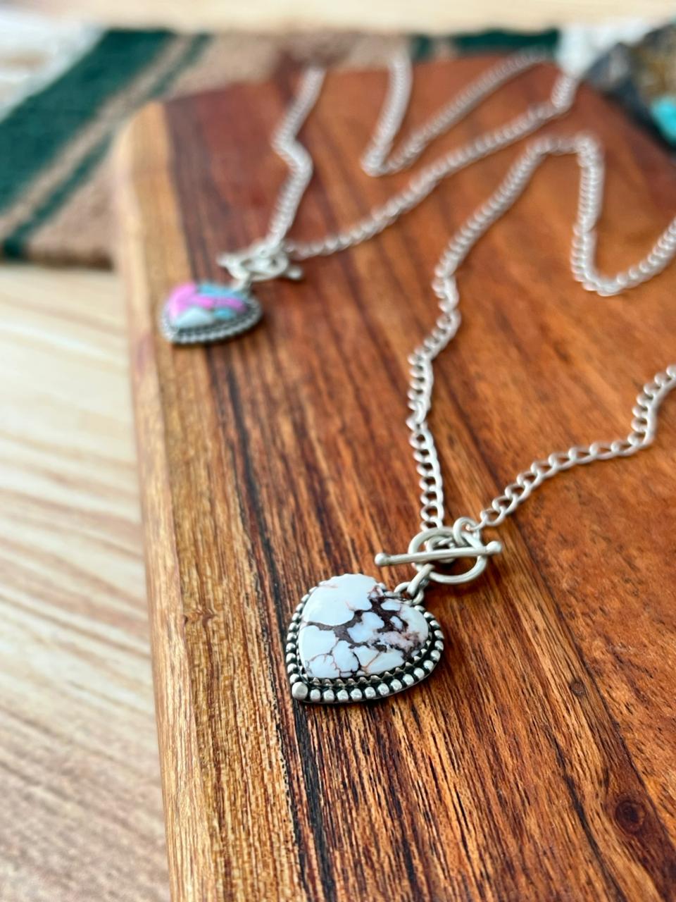 Handmade Sterling Silver Cotton Candy and Wildhorse Magnesite Heart Necklace "Signed Nizhoni"