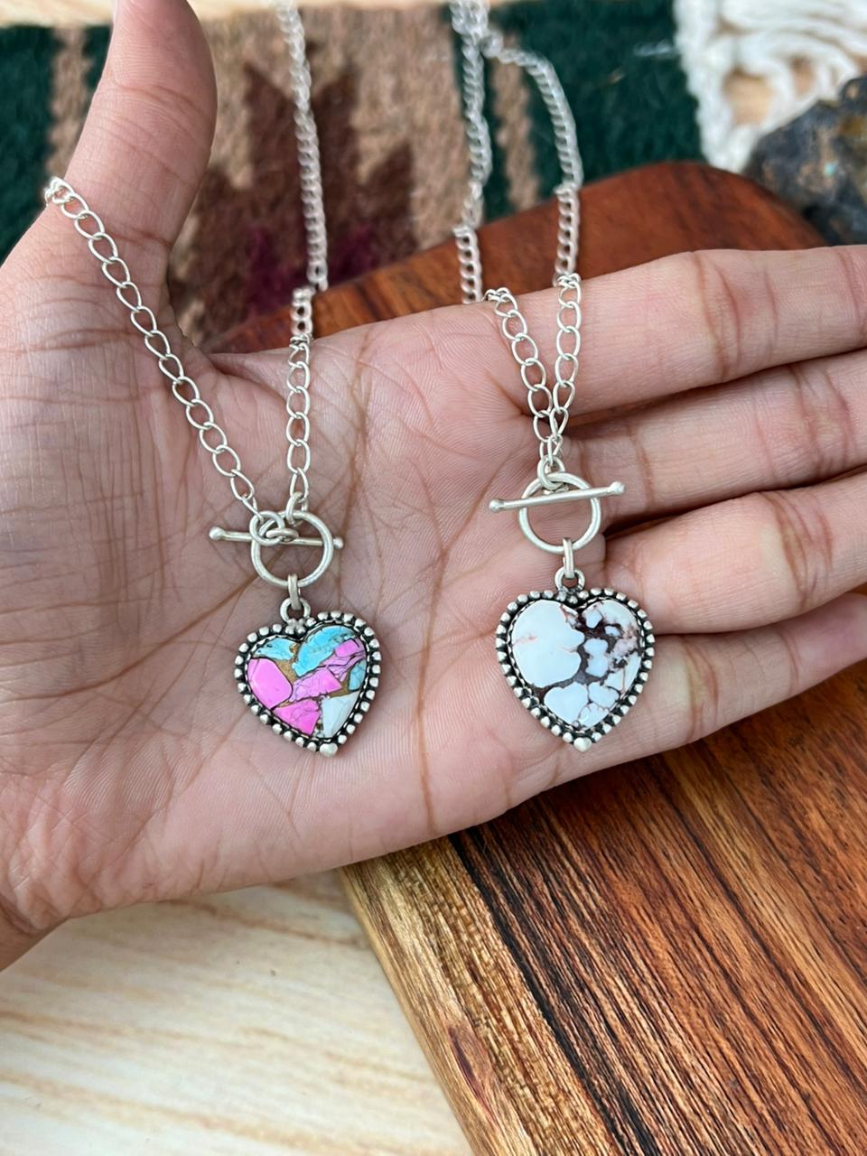 Handmade Sterling Silver Cotton Candy and Wildhorse Magnesite Heart Necklace "Signed Nizhoni"