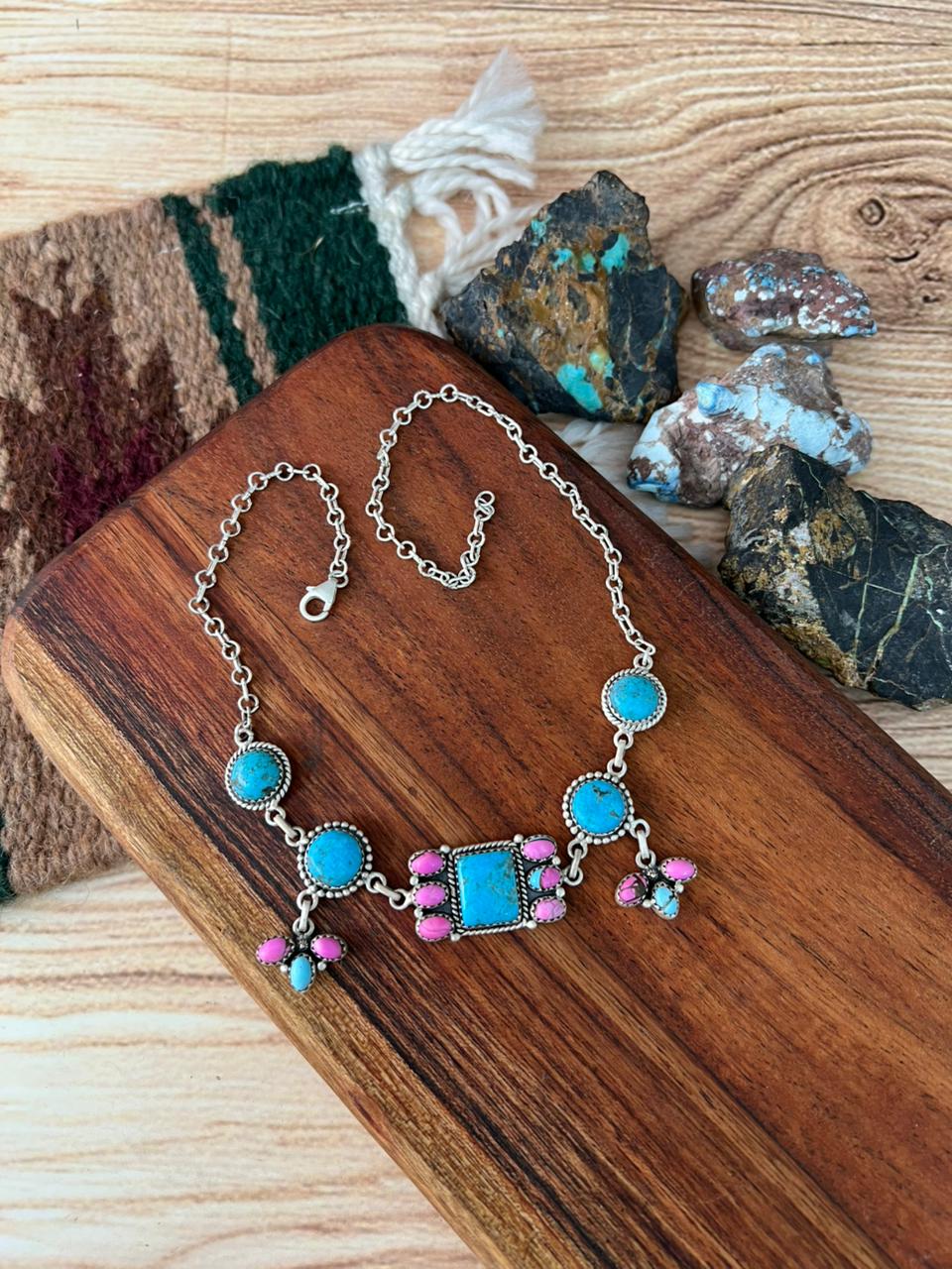 Handmade Sterling Silver Cotton Candy with Blue Kingman Turquoise Choker Necklace "Signed Nizhoni"