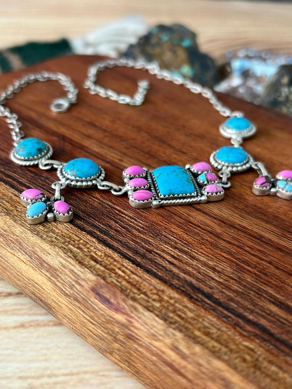 Handmade Sterling Silver Cotton Candy with Blue Kingman Turquoise Choker Necklace "Signed Nizhoni"