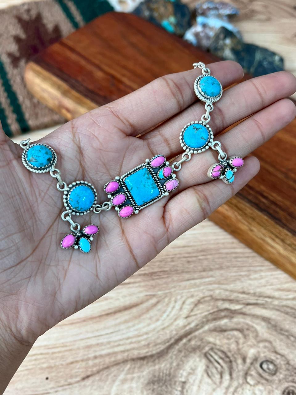 Handmade Sterling Silver Cotton Candy with Blue Kingman Turquoise Choker Necklace "Signed Nizhoni"