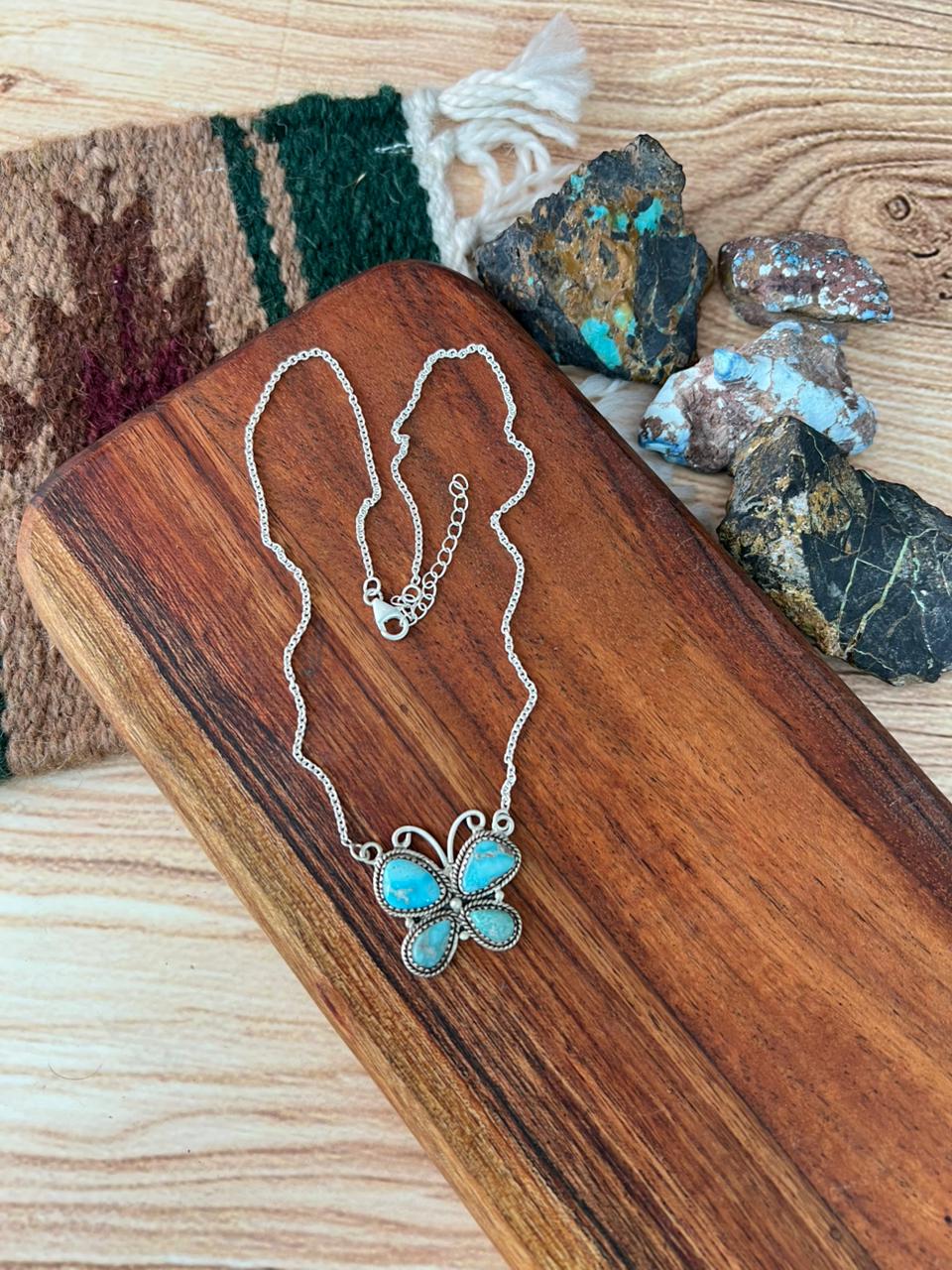 Handmade Sterling Silver White Water Turquoise Butterfly Necklace "Signed Nizhoni"