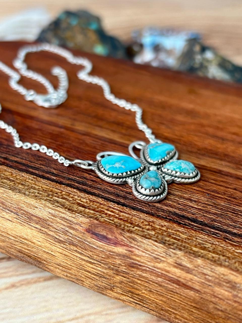 Handmade Sterling Silver White Water Turquoise Butterfly Necklace "Signed Nizhoni"