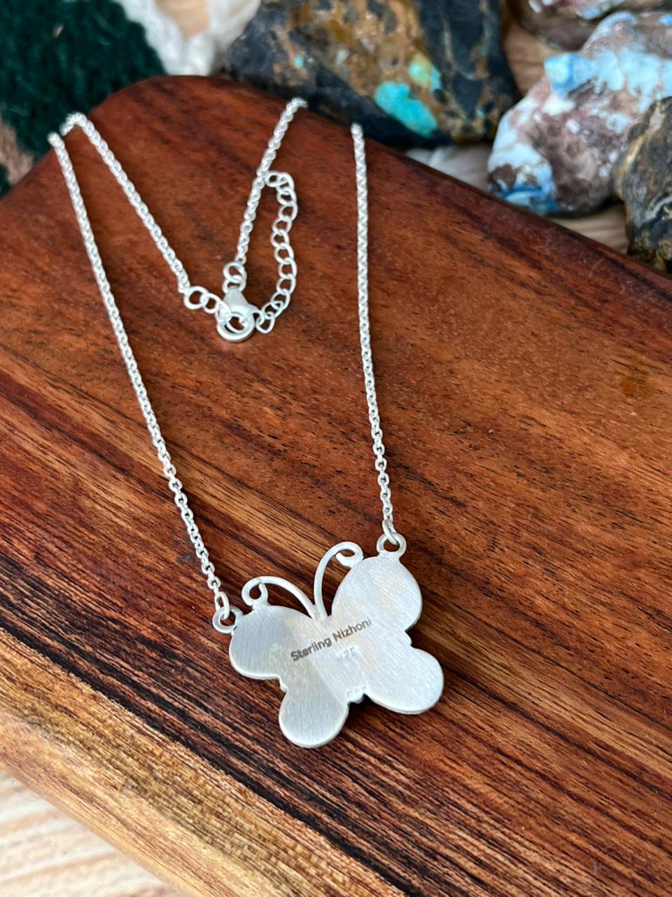 Handmade Sterling Silver White Water Turquoise Butterfly Necklace "Signed Nizhoni"