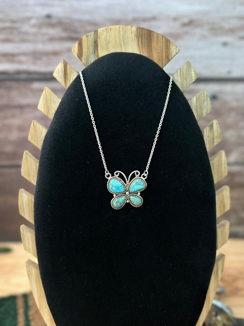 Handmade Sterling Silver White Water Turquoise Butterfly Necklace "Signed Nizhoni"