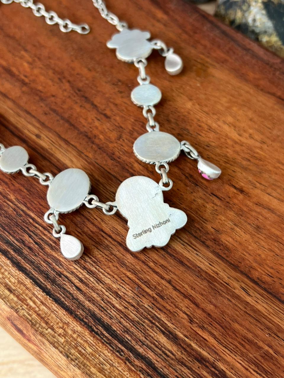 Handmade Sterling Silver Cotton Candy with Blue Kingman Turquoise Choker Necklace "Signed Nizhoni"