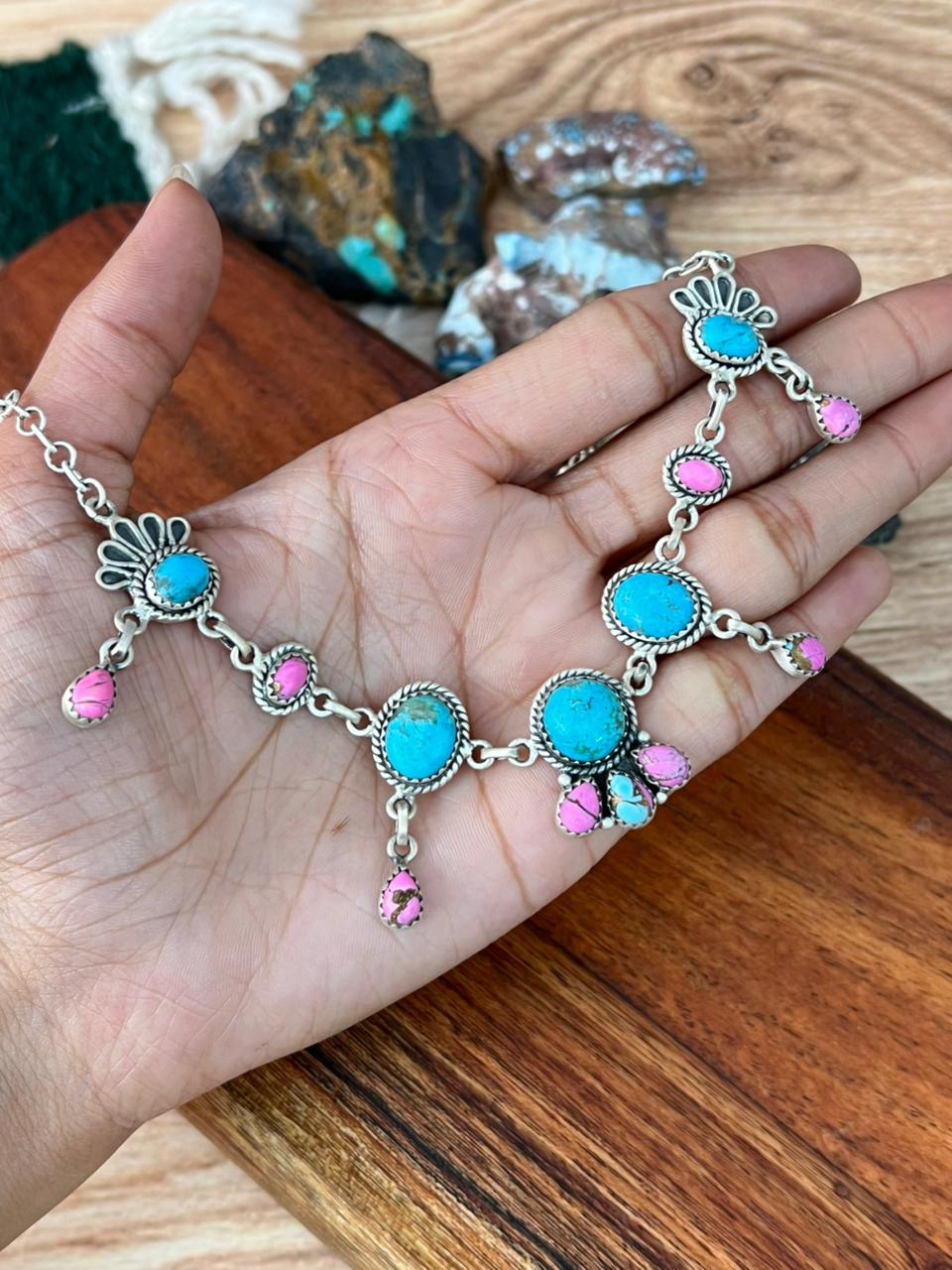 Handmade Sterling Silver Cotton Candy with Blue Kingman Turquoise Choker Necklace "Signed Nizhoni"