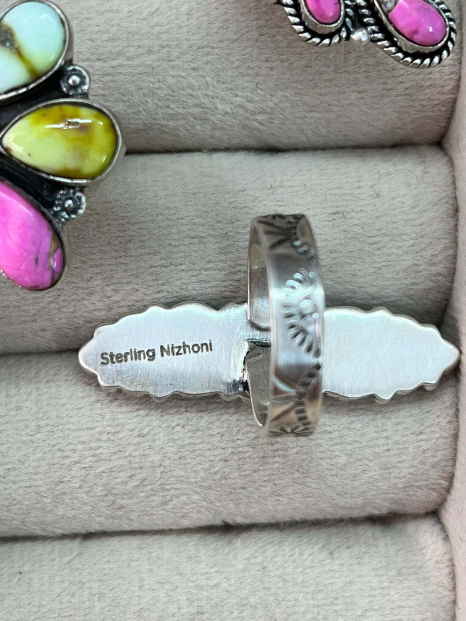 Handmade Sterling Silver Spring Collection: Palomino Turquoise with Orange Mojave, Cotton Candy and White Buffalo Adjustable Ring "Signed Nizhoni"