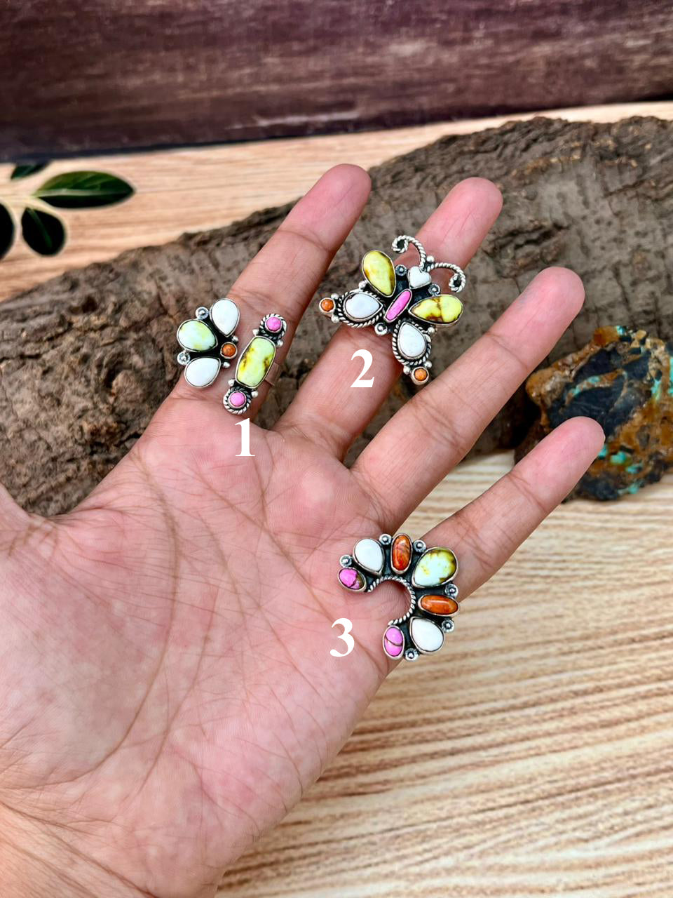 Handmade Sterling Silver Spring Collection: Palomino Turquoise with Orange Mojave, Cotton Candy and White Buffalo Adjustable Ring "Signed Nizhoni"