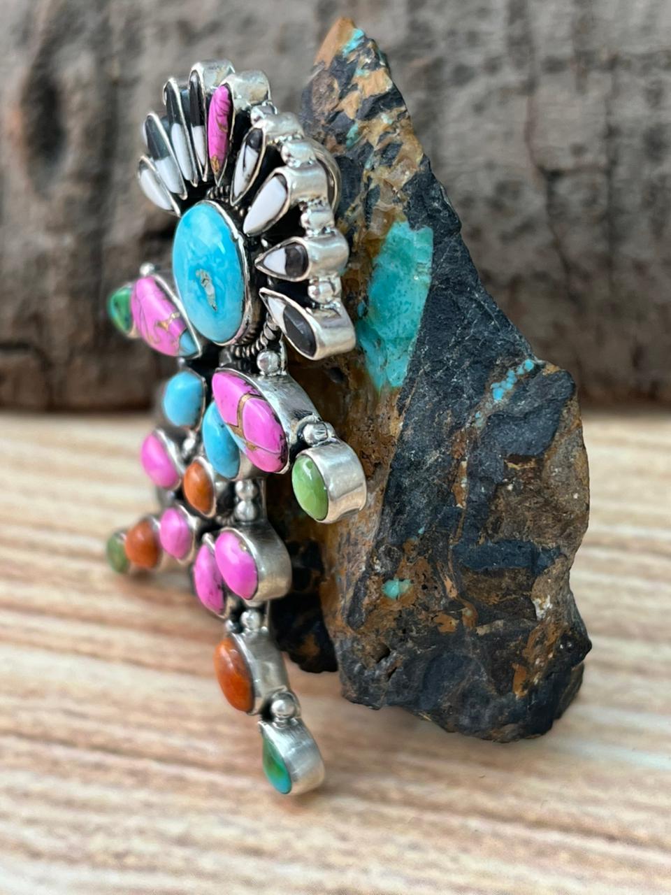 Handmade Sterling Silver Spring Collection: Sonoran Mountain with Orange Mojave, Cotton Candy and White Buffalo Pendant "Signed Nizhoni"
