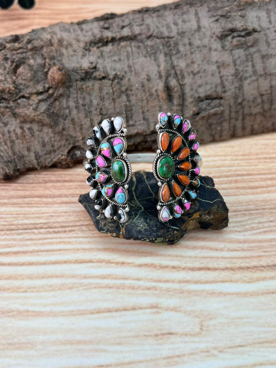 Handmade Sterling Silver Spring Collection: Sonoran Mountain Turquoise with Orange Mojave, Cotton Candy and White Buffalo Cuff Bracelet "Signed Nizhoni"