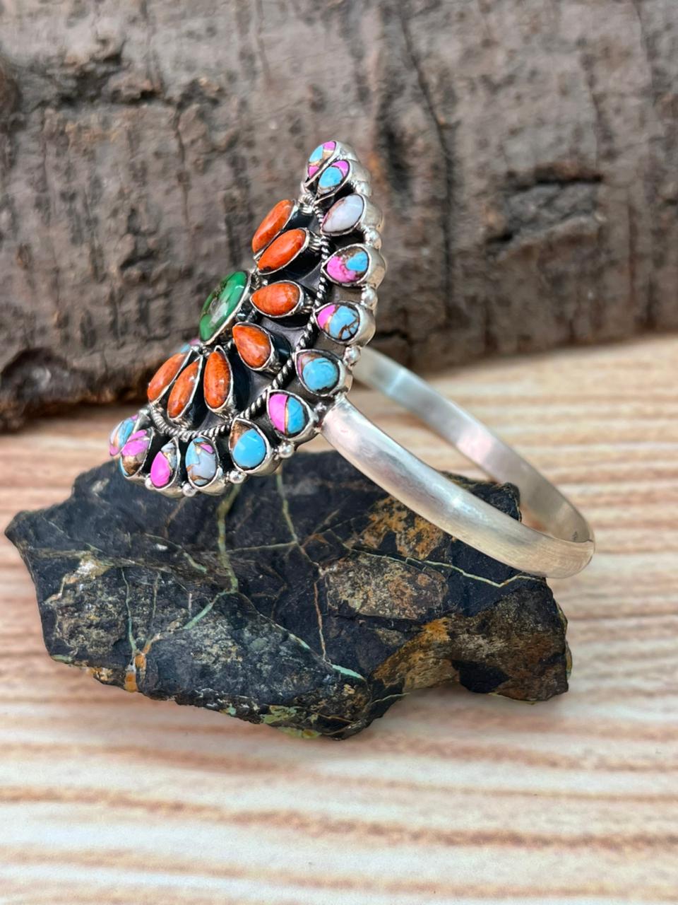 Handmade Sterling Silver Spring Collection: Sonoran Mountain Turquoise with Orange Mojave, Cotton Candy and White Buffalo Cuff Bracelet "Signed Nizhoni"