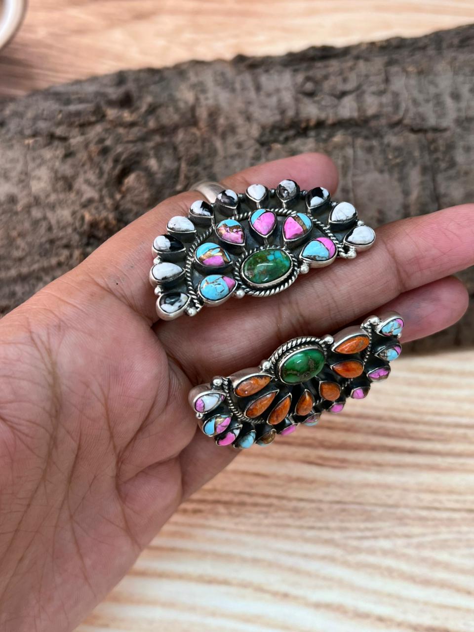 Handmade Sterling Silver Spring Collection: Sonoran Mountain Turquoise with Orange Mojave, Cotton Candy and White Buffalo Cuff Bracelet "Signed Nizhoni"