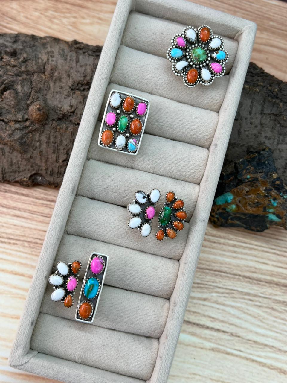 Handmade Sterling Silver Spring Collection: Sonoran Mountain with Orange Mojave, Cotton Candy and White Buffalo Adjustable Ring "Signed Nizhoni"