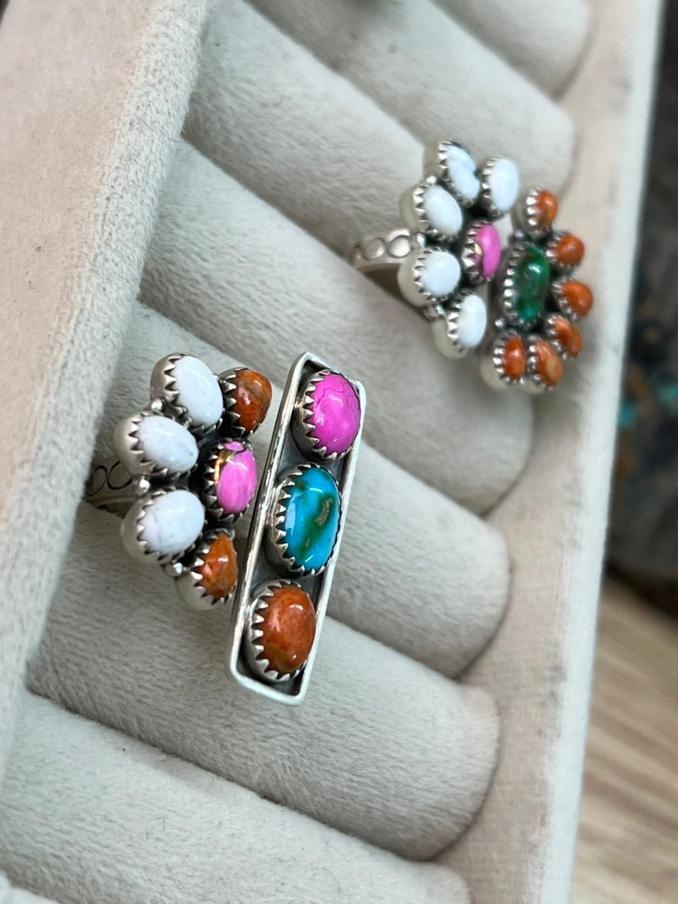 Handmade Sterling Silver Spring Collection: Sonoran Mountain with Orange Mojave, Cotton Candy and White Buffalo Adjustable Ring "Signed Nizhoni"