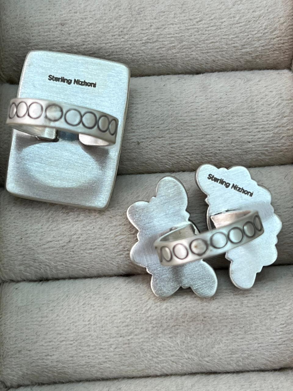 Handmade Sterling Silver Spring Collection: Sonoran Mountain with Orange Mojave, Cotton Candy and White Buffalo Adjustable Ring "Signed Nizhoni"