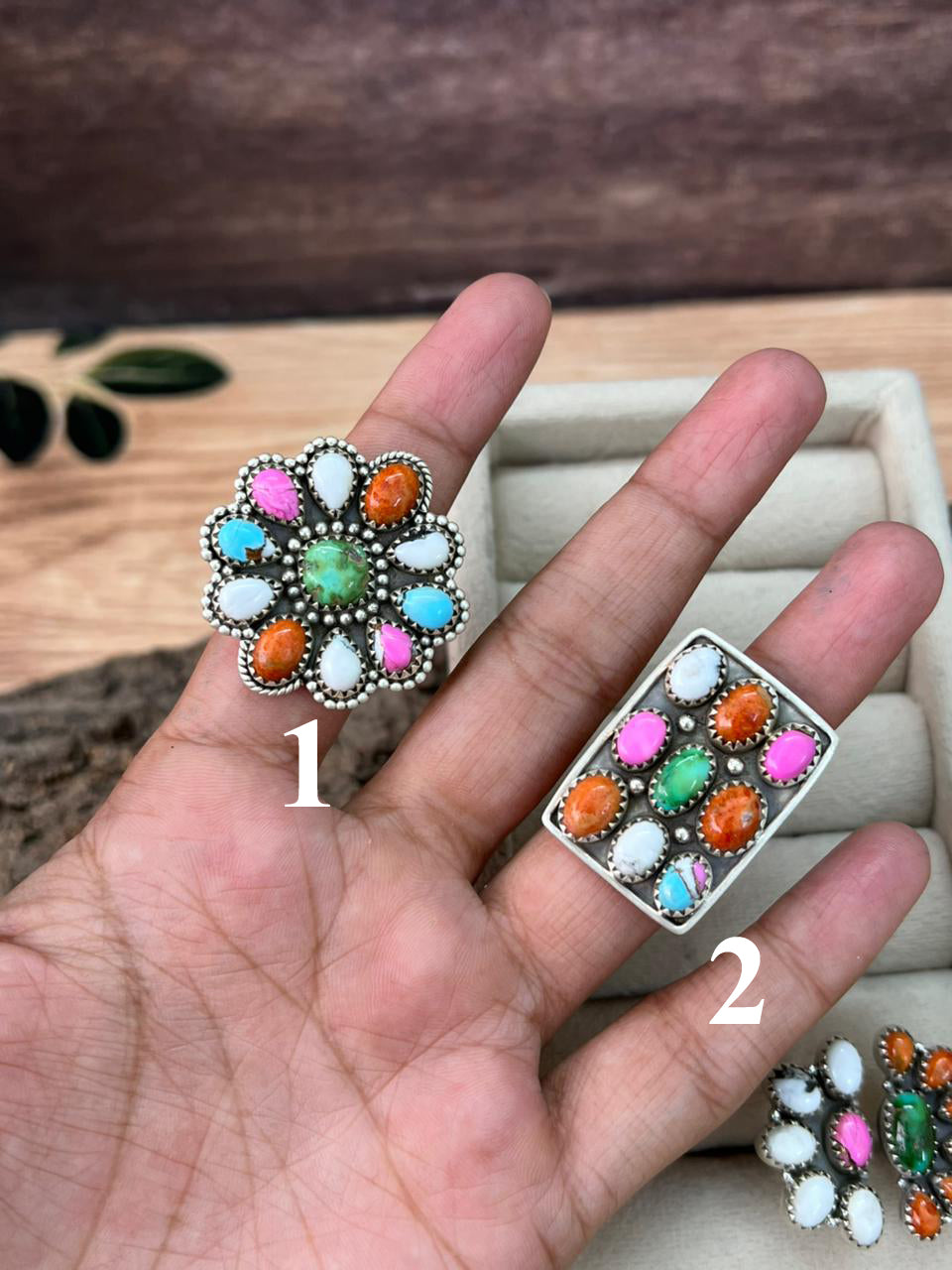 Handmade Sterling Silver Spring Collection: Sonoran Mountain with Orange Mojave, Cotton Candy and White Buffalo Adjustable Ring "Signed Nizhoni"