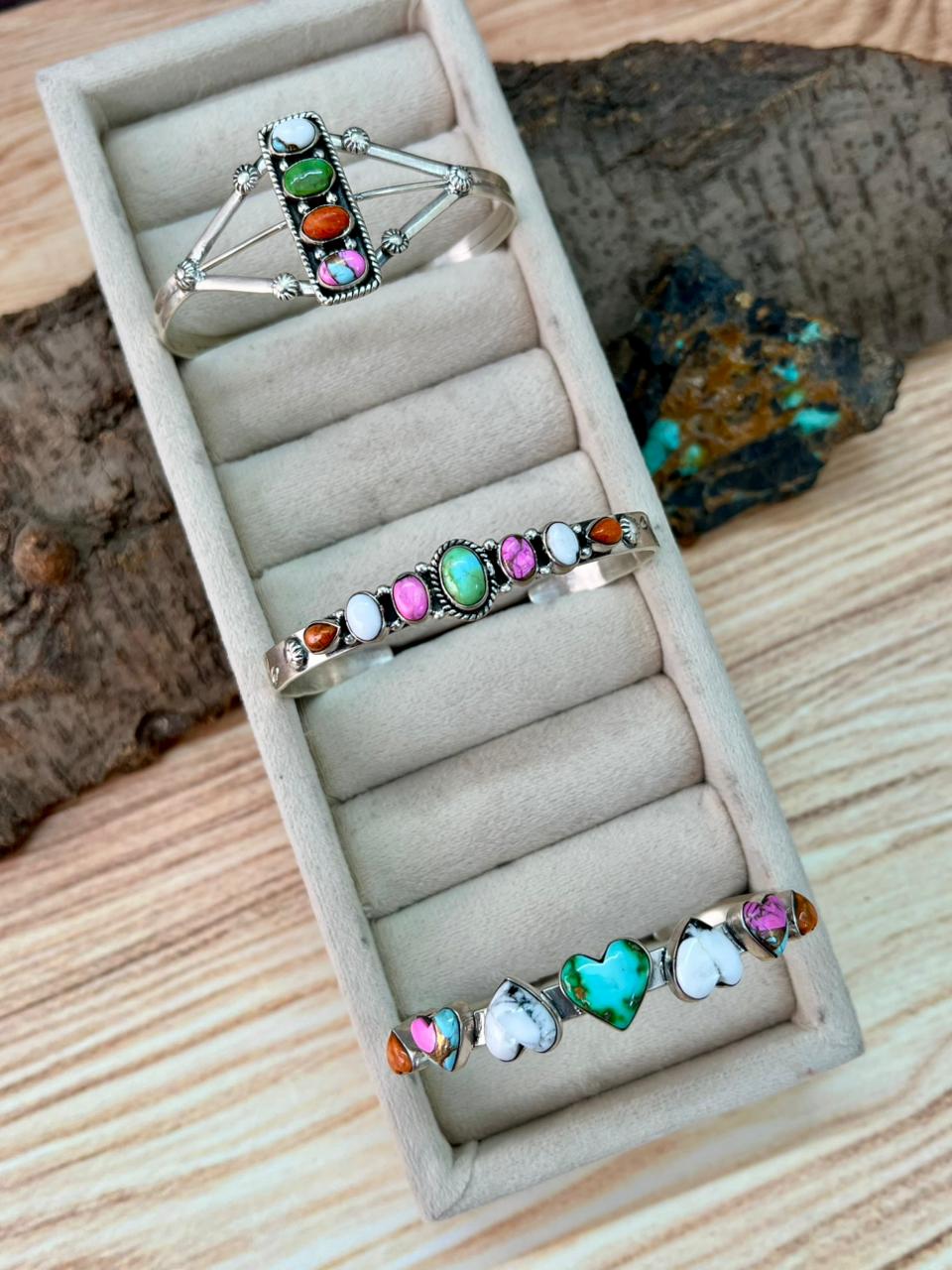 Handmade Sterling Silver Spring Collection: Sonoran Mountain Turquoise with Orange Mojave, Cotton Candy and White Buffalo Cuff Bracelet "Signed Nizhoni"