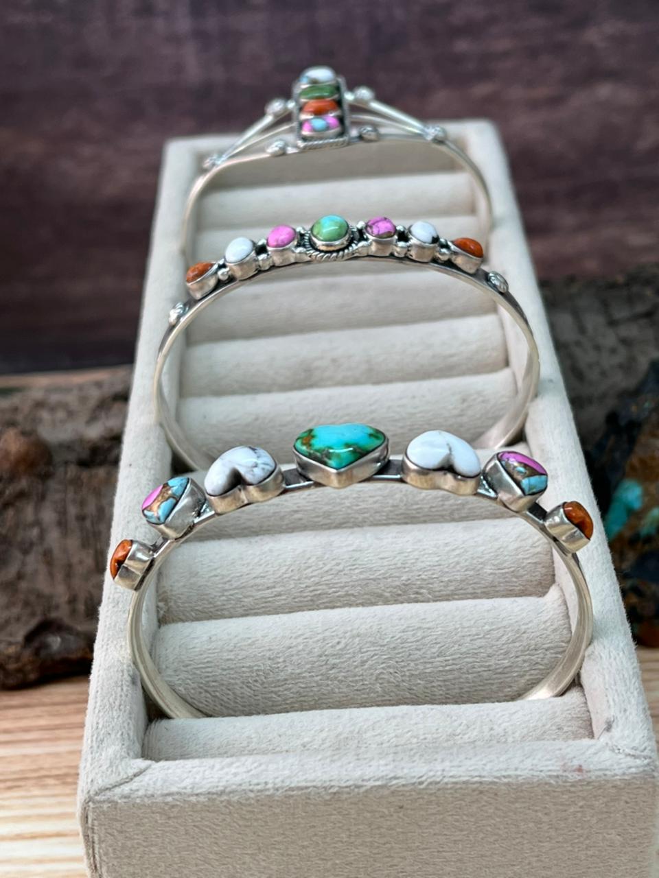 Handmade Sterling Silver Spring Collection: Sonoran Mountain Turquoise with Orange Mojave, Cotton Candy and White Buffalo Cuff Bracelet "Signed Nizhoni"