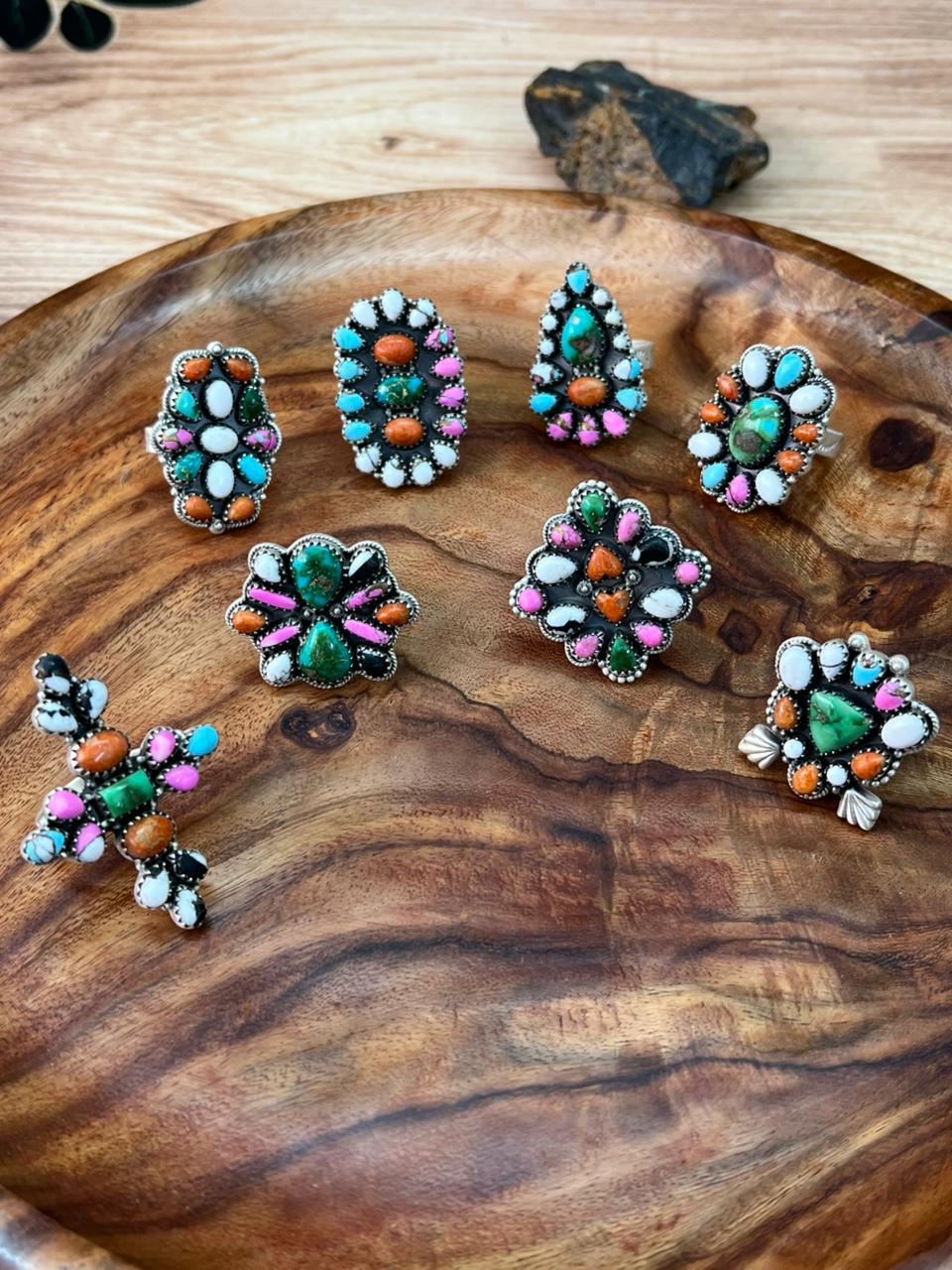 Handmade Sterling Silver Spring Collection: Sonoran Mountain Turquoise with Orange Mojave, Cotton Candy and White Buffalo Adjustable Ring "Signed Nizhoni"