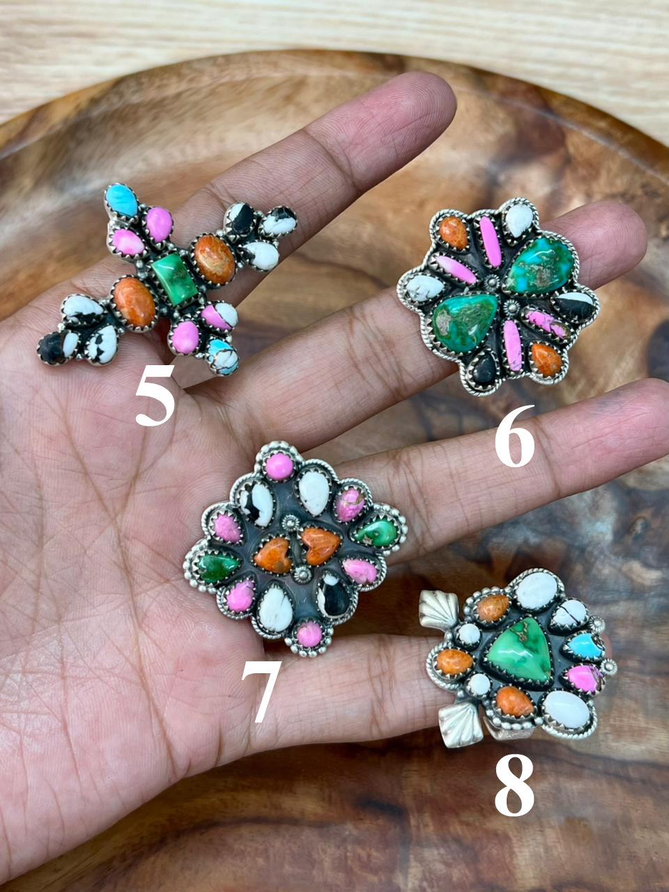 Handmade Sterling Silver Spring Collection: Sonoran Mountain Turquoise with Orange Mojave, Cotton Candy and White Buffalo Adjustable Ring "Signed Nizhoni"