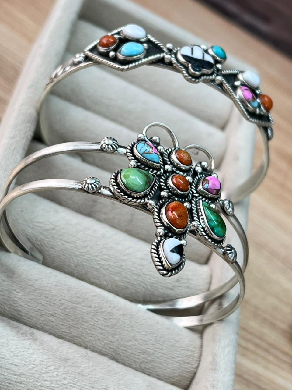 Handmade Sterling Silver Spring Collection: Sonoran Mountain Turquoise with Orange Mojave, Cotton Candy and White Buffalo Cuff Bracelet "Signed Nizhoni"