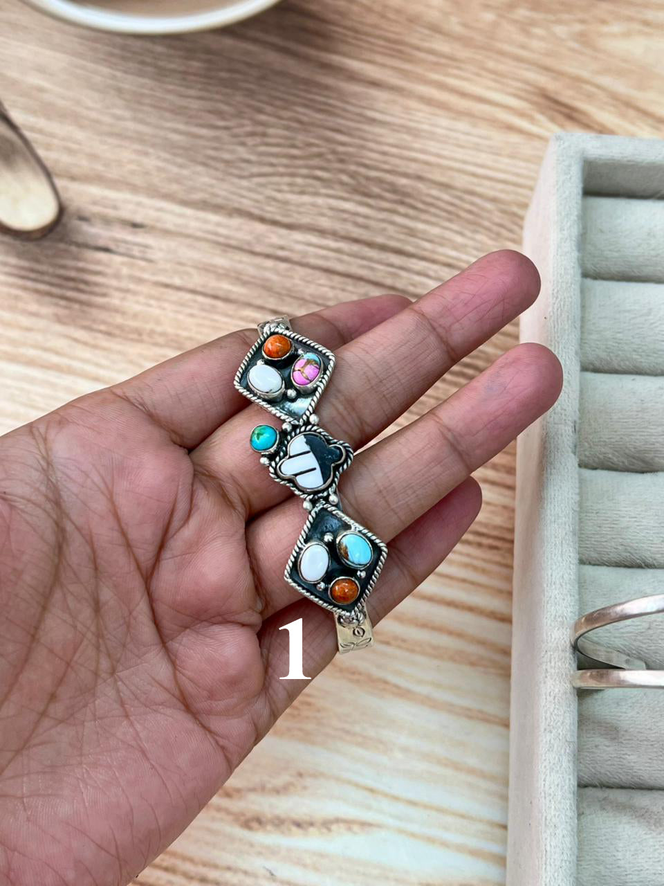 Handmade Sterling Silver Spring Collection: Sonoran Mountain Turquoise with Orange Mojave, Cotton Candy and White Buffalo Cuff Bracelet "Signed Nizhoni"