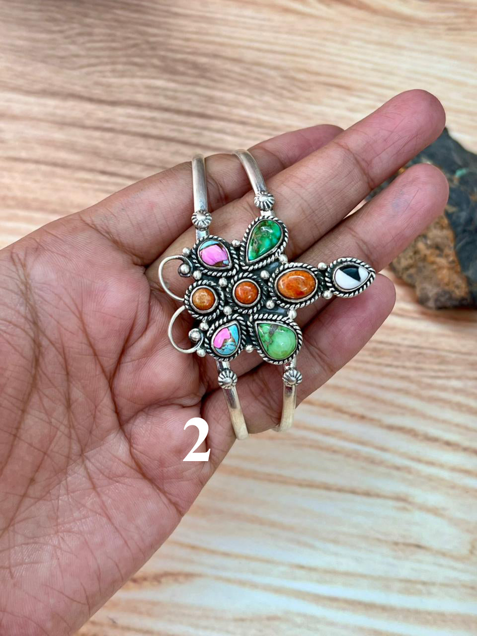 Handmade Sterling Silver Spring Collection: Sonoran Mountain Turquoise with Orange Mojave, Cotton Candy and White Buffalo Cuff Bracelet "Signed Nizhoni"