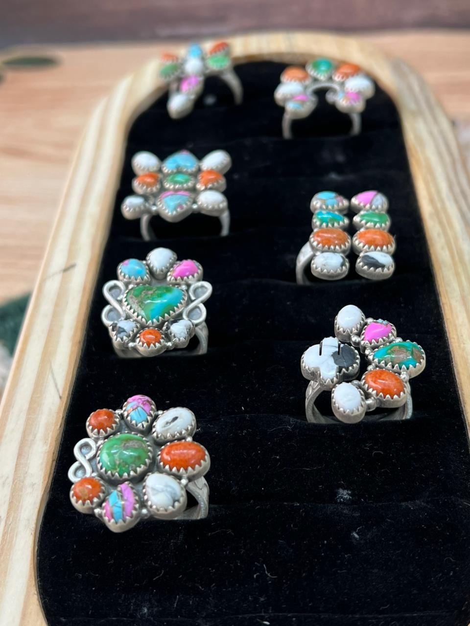 Handmade Sterling Silver Spring Collection: Sonoran Mountain with Orange Mojave, Cotton Candy and White Buffalo Adjustable Ring "Signed Nizhoni"