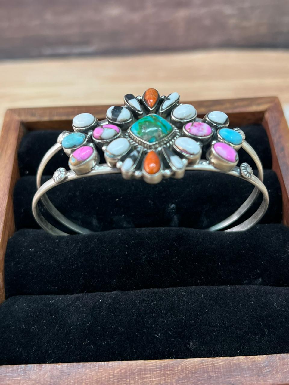 Handmade Sterling Silver Spring Collection: Sonoran Mountain Turquoise with Orange Mojave, Cotton Candy and White Buffalo Cuff Bracelet "Signed Nizhoni"