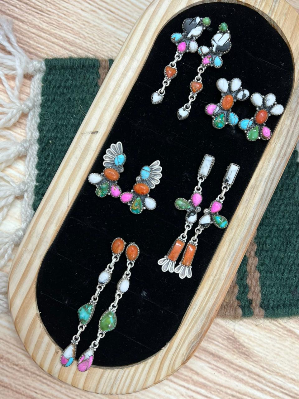 Handmade Sterling Silver Spring Collection: Sonoran Mountain Turquoise with Orange Mojave, Cotton Candy and White Buffalo Post Dangle Earrings "Signed Nizhoni"