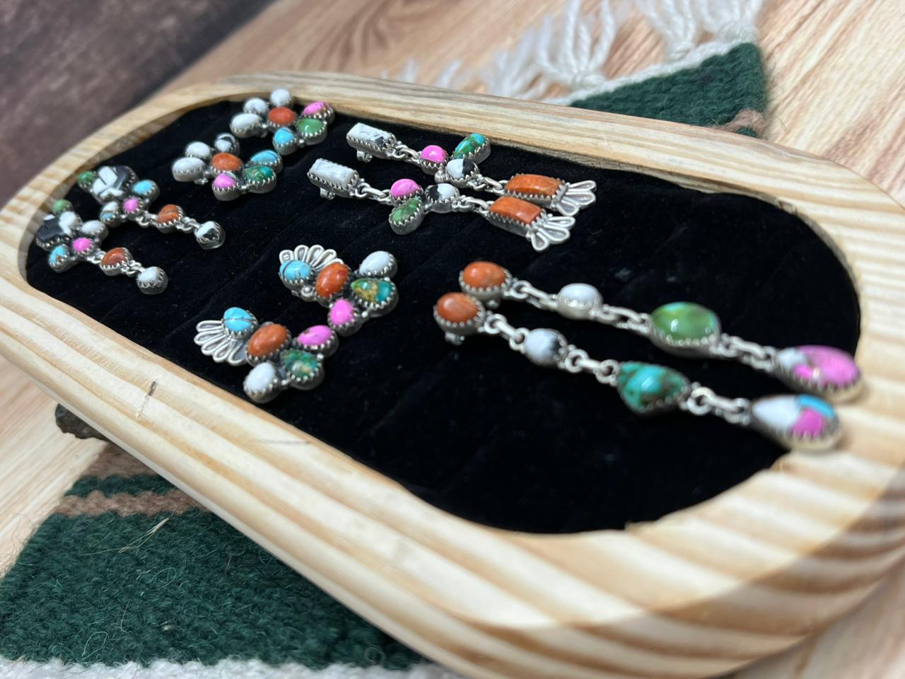 Handmade Sterling Silver Spring Collection: Sonoran Mountain Turquoise with Orange Mojave, Cotton Candy and White Buffalo Post Dangle Earrings "Signed Nizhoni"
