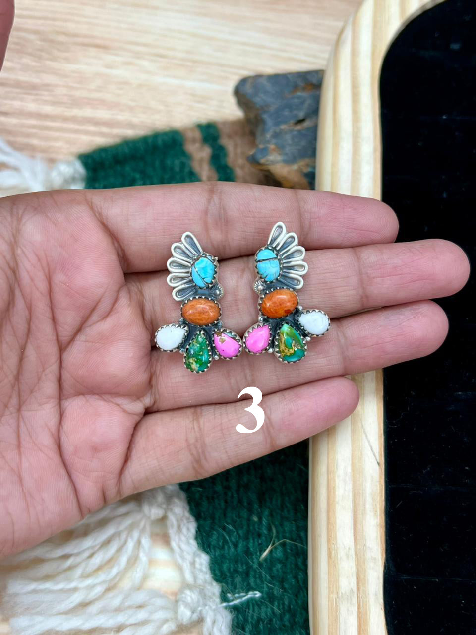 Handmade Sterling Silver Spring Collection: Sonoran Mountain Turquoise with Orange Mojave, Cotton Candy and White Buffalo Post Dangle Earrings "Signed Nizhoni"
