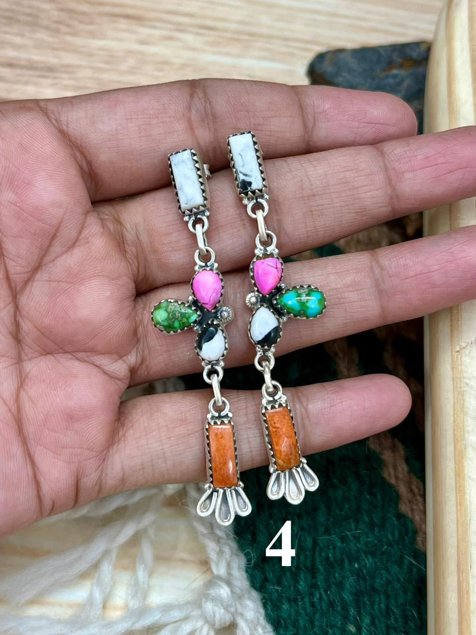 Handmade Sterling Silver Spring Collection: Sonoran Mountain Turquoise with Orange Mojave, Cotton Candy and White Buffalo Post Dangle Earrings "Signed Nizhoni"