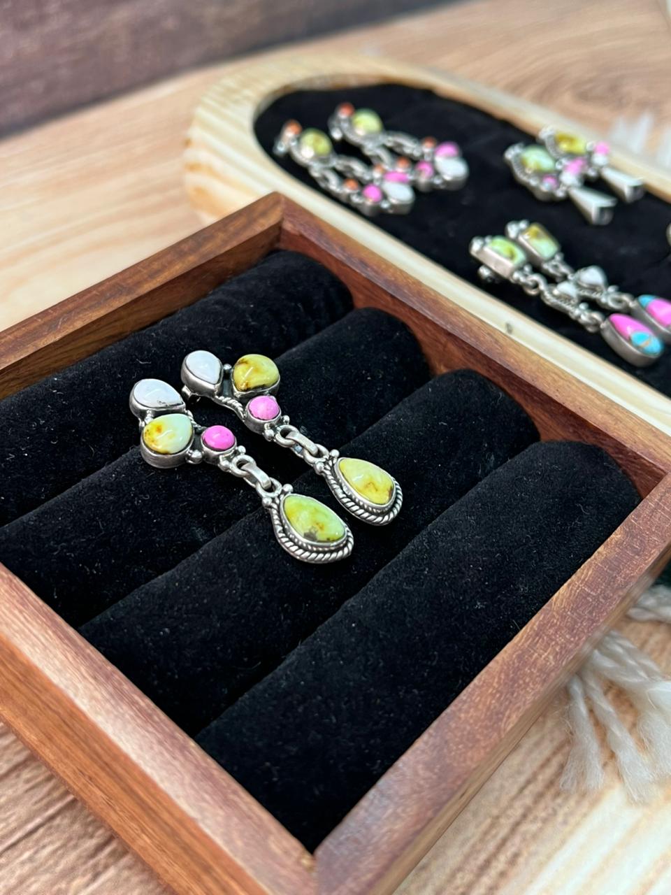 Handmade Sterling Silver Spring Collection: Palomino Turquoise with Cotton Candy and White Buffalo Post Earrings "Signed Nizhoni"