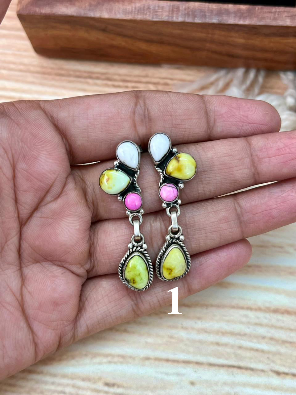 Handmade Sterling Silver Spring Collection: Palomino Turquoise with Cotton Candy and White Buffalo Post Earrings "Signed Nizhoni"