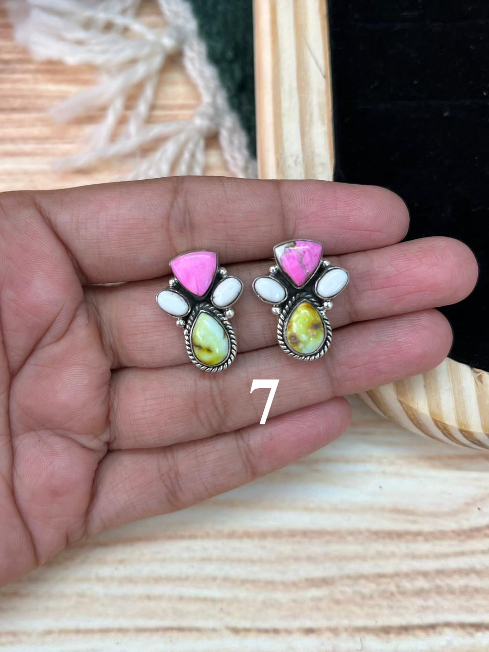 Handmade Sterling Silver Spring Collection: Palomino Turquoise with Cotton Candy and White Buffalo Post Earrings "Signed Nizhoni"