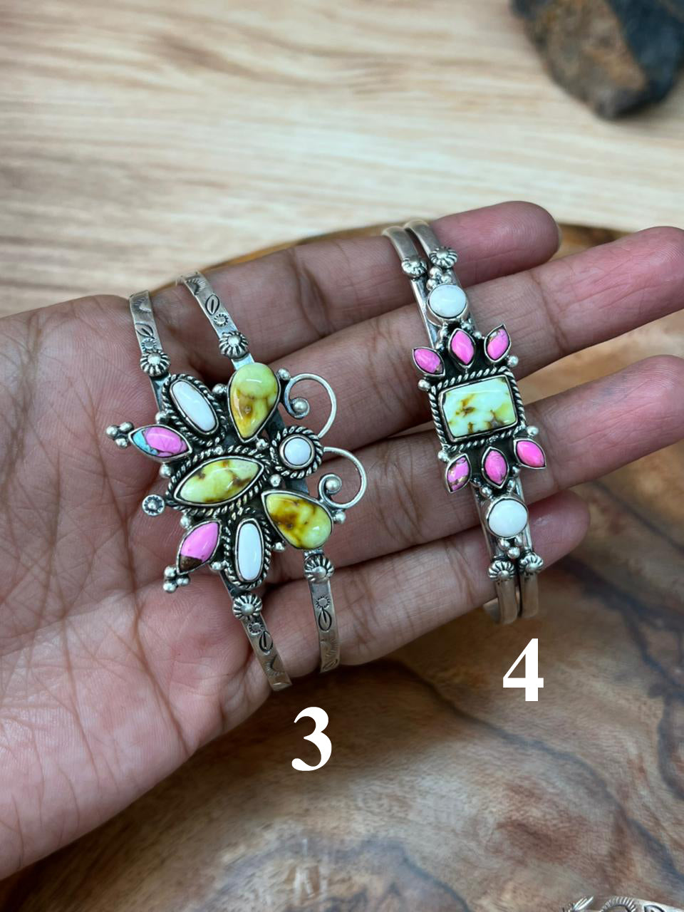 Handmade Sterling Silver Spring Collection: Palomino Turquoise with Cotton Candy and White Buffalo Cuff Bracelet "Signed Nizhoni"
